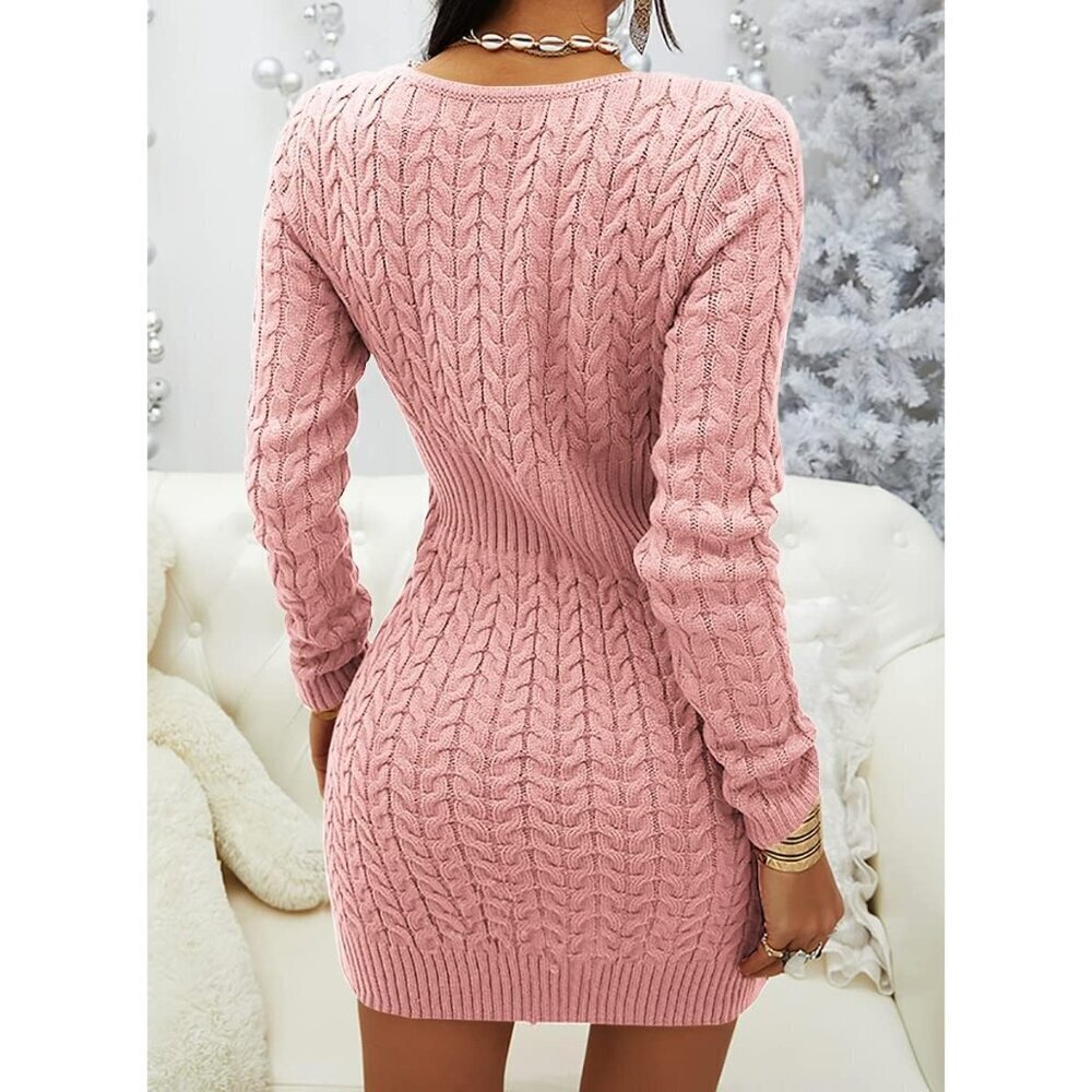 Womens V-Neck Sweater Dress Knit Long Sleeve Casual Slim Fit Mini Pink - Picture 3 of 3